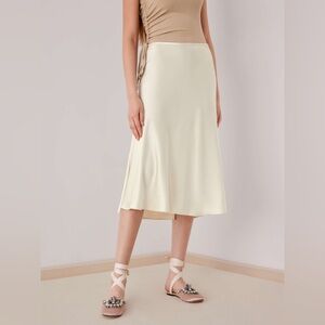 Cider ivory white solid satin silky midi skirt